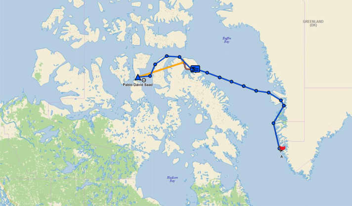   Der Kurs der "Anahita". Von Nuuk an der Küste Grönlands ging es über die Baffin Bay nach Pond Inlet und weiter bis zum Eingang der Bellot Strait. Dort geriet das Schiff ins Treibeis und sank
