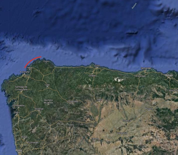   Vom Fahrverbot betroffenes Gebiet vor der spanischen Küste, im Süden der Biskaya (rot markiert)