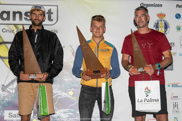   Nach langem Tauziehen sind sie die drei Podiums-Besten der Serienboot-Wertung nach Etappe eins: Sieger Melwin Fink, der zweitplatzierte Franzose Hugo Dhallenne (l.) und Christian Kargl