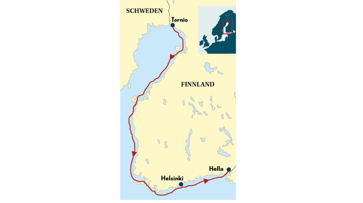   Von Tornio an der schwedisch-finnischen Grenze im hohen Norden bis nach Hella an der Grenze zu Russland im Südosten segelt Lenz mit seinem Banana-Boot. In 80 Tagen lässt er dabei 829 Seemeilen im Kielwasser