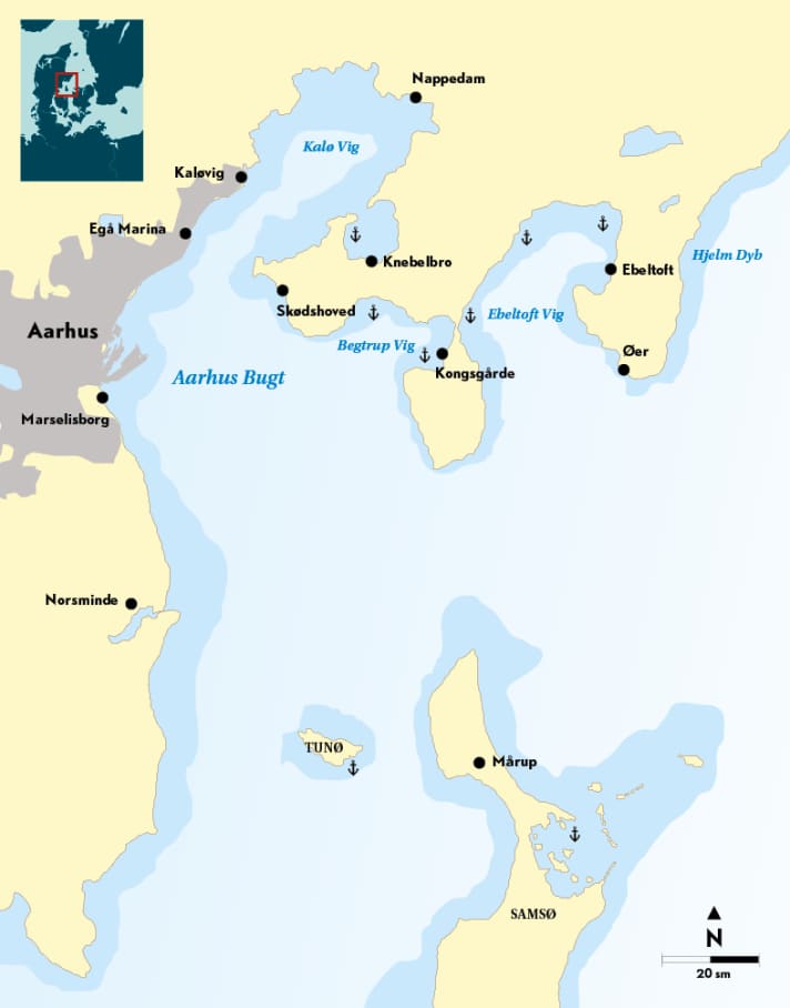 Die Aarhus-Bucht mit Ebeltoft und den Inseln Tunø und Samsø