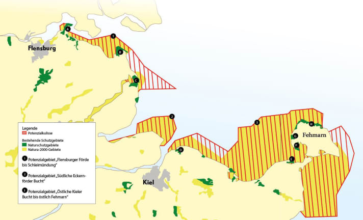Die Potenzialkulisse für den Nationalpark Ostsee (rot) sowie die bereits bestehenden Naturschutz- und Natura-2000-Gebiete (grün und gelb)