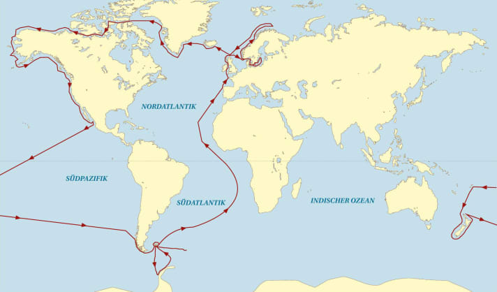 2010 ging es in der Ostsee los, dann zum Nordkap, über den Nordatlantik nach Grönland und durch die Nordwestpassage. Auf einen Abstecher in die Südsee und nach Neuseeland folgte eine Reise durch Patagonien und in die Antarktis. Nach dem Heimweg über Süd- und Nordatlantik wurde die Reise 2019 in Flensburg beendet | et