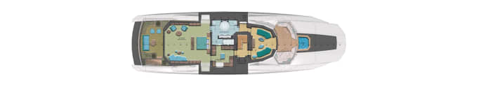 Penthouse: Die Eigner genießen ihre private Etage mit Suite, Lounge sowie Cockpit und einem Vordeck mit Jacuzzi. Über das Treppenhaus gelangen sie in das Büro.