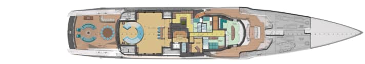 Upper deck: A galley adjoins the saloon. Towards the wheelhouse are the first-aid room and the captain's and officer's suites.