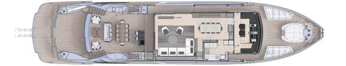 The asymmetrical layout brings the saloon close to the water on the starboard side.