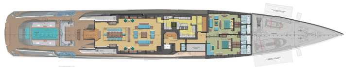 Beletage: A luggage compartment has been planned between the galley and the VIPs. The tenders are stored in the bow.