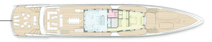 Privat: Vorn auf dem kurzen Oberdeck hat der Eigner sein Reich, mit Mini-Pool voraus. Die Lounge achtern ist kleiner als das Außendeck.