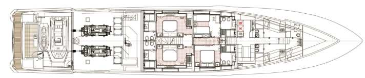 Lower deck: The crew sleeps at the very front, the guests stay in four suites in the centre. At the stern, there is space for a tender store next to the beach club.