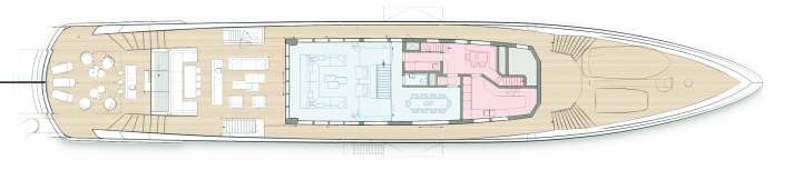 Clever: The main deck is inconspicuous, except for the small dining area behind the galley.
place behind the galley. The tender fleet is stored at the front.