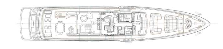 Upper deck: The captain has his kingdom behind the wheelhouse. The gym opposite can be converted into another suite on request.