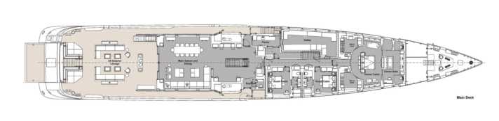 Main deck: Behind the owner's cabin are two VIP compartments and the extra-large galley for up to three chefs.