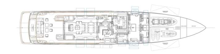 Main deck: A galley adjoins the galley, with access to the dining area in the saloon. The crew use their own staircase.