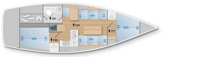   J112 E.  Two cabins and no alternatives The second French boat in the competition also shows only one possible layout. Due to the slim hull lines aft, it remains a two-cabin boat with a spacious toilet room and a large forecastle (blue = berth dimensions, black = headroom)