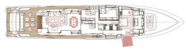 Main deck: The crew's service routes run along the port side, neatly separated from the guests. For breakfast
the owner folds out the balcony to starboard for breakfast.