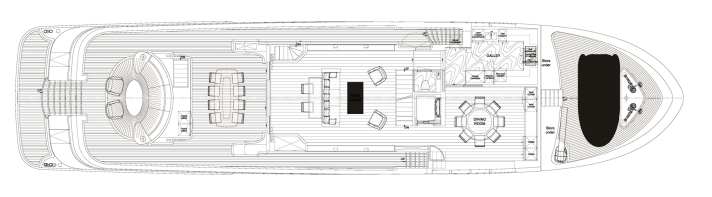 Hauptdeck: Zwischen Salon und Speisesaal baute die Werft einen Fahrstuhl ein, der drei Decks verbindet. Im Bug lagert der Tender.