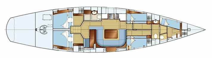 Aménagement familial : le propriétaire du premier Pilot Classic 66 a opté pour cette répartition de l'espace avec quatre cabines d'invités. Un grand nombre de variantes d'intérieur sont réalisables