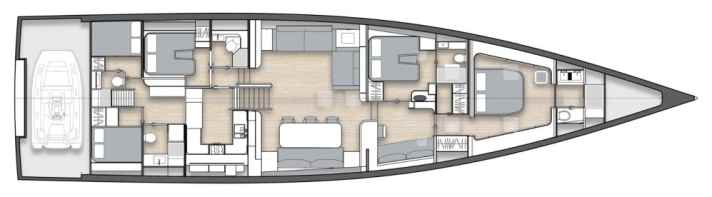 Standard layout: "Bella" favours an owner's suite at the front and a crew suite at the rear. There are four other cabin layouts for the Y9
