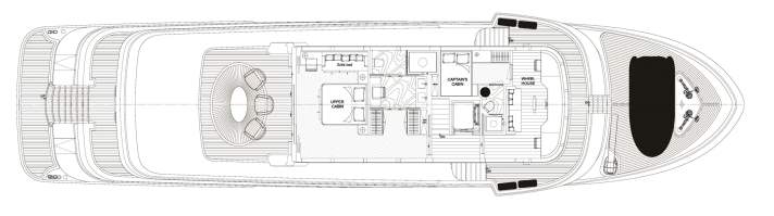 Upper deck: This is where the captain has his kingdom. Instead of a second saloon, there is a VIP suite with extra-wide
wide passageways.