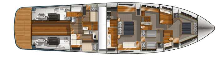 There are three suites in the standard version. The engine room is divided into two for more working space