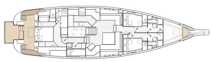 Owner in the stern: The master suite is located in front of the compact lazarette in construction number one, two large guest cabins are located in front of the higher saloon