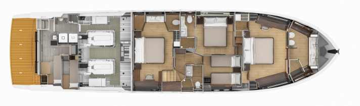 Unterdeck: Die Mastersuite im Bug hat einen separaten Zugang. Die Tagestoilette 
neben der Treppe nutzen die Gäste der kleinsten Kabine mit | Abbildung: BEX
