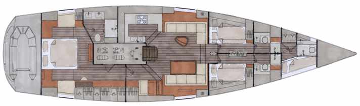 "Waldron" layout: The owner's suite with sofa alcoves and large bathroom is located in the stern, while his children occupy the cabins in front of the saloon. The crew lives in the bow
