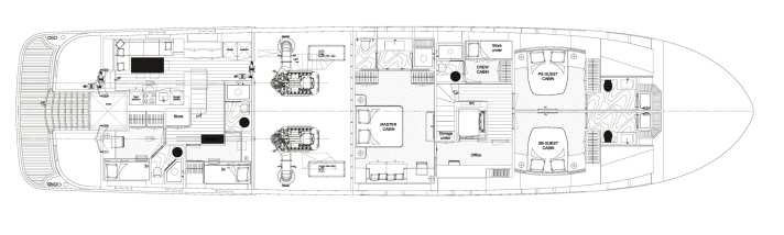 Unterdeck: Auch die Mastersuite bekam hier ihren Platz, dazu zwei Suiten für Gäste, eine flexibel nutzbare Kabine sowie die Crewunterkünfte.