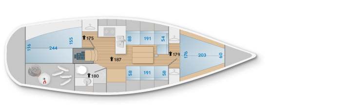   Faurby 370. Fast alles ist machbar. Der dänische Sonderfall    Die abgebildete Innenzeichnung ist nur eine von zahlreichen möglichen Layouts und entspricht dem Testboot. Die Werft in Dänemark baut das Interieur für jedes Schiff individuell nach den Wünschen der Kundschaft – soweit realisierbar (blau = Kojenmaße, schwarz = Stehhöhen)