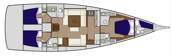  Dufour 560 GL as a three-cabin in standard layout. As with the 500, the galley is built athwartships to the main bulkhead