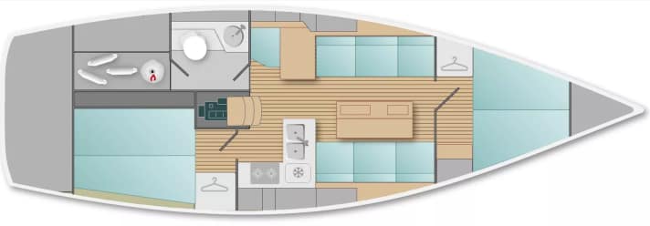 Zwei Doppelkabinen und ein relativ großes Bad. Mehr Varianz lässt die schlanke Konstruktion von Alan Johnstone nicht zu. Das Standard-Layout der J/36 bleibt eher konventionell.