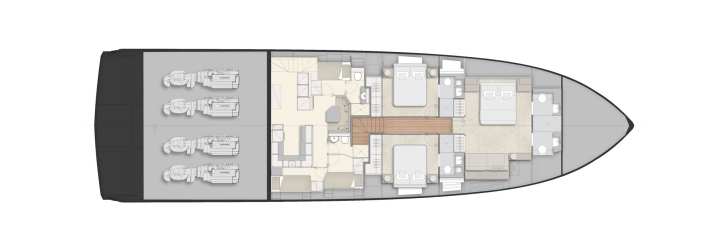 Clearly separated: The lower deck is divided conventionally with one VIP and two guest cabins in the bow and an aft crew area. The maximum crew of five is spread over three cabins and uses two bathrooms.