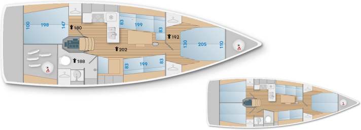   X 4.0. Wide-ranging variance The owner's version with two cabins and a large wet room is the standard. The three-cabin version is available with a smaller bathroom and reduced navigation (blue = cabin dimensions, black = headroom)