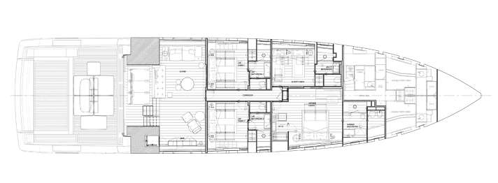 Lower deck: The lounge is adjoined by two VIP cabins, a double cabin and the owner's cabin. The crew of five sleeps at the very front