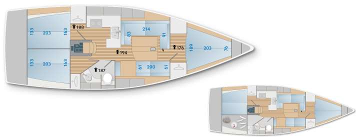   Arcona 385 : très modulable pour une utilisation flexible La cabine standard est la cabine triple. En variante, la cabine arrière à tribord devient un coffre à bâbord, auquel s'ajoute un espace douche séparé (bleu = dimensions de la couchette, noir = hauteurs debout).