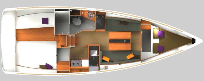   Sun Odyssey 349 avec deux cabines et une salle de bain plus grande