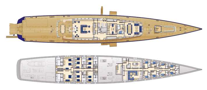 Hauptdeck (oben): Cockpit und Salon verbindet eine Bar aus zwei Hufeisen. Nur der Kapitän schläft auf dieser Ebene. Unterdeck: Die vordere Steuerbordkabine ist auch Gym oder Massageraum. Zwei Mastersuiten liegen hinten