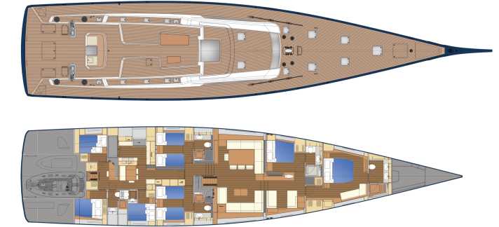 Large garage: the tender and toys are parked in the rear. The crew sleeps in front of it. Four guests live just behind the saloon, with VIPs and the owner in front | Drawing: Shipyard