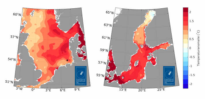 Mers dans la zone rouge : écart entre la moyenne printanière des températures de surface en 2025 et la moyenne printanière pluriannuelle de 1997 à 2021 pour la mer du Nord (à gauche) et la mer Baltique (à droite)