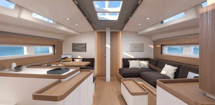   Helle Schotten und Ausbau-Module, viel Licht, viel Raum – und runde Umleimer: First Yacht 53