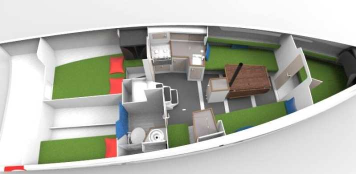   Ofcet 32 Sport-Cruiser : plus habitable à l'intérieur avec des cloisons et des portes fixes pour les cabines, et plus de bois.