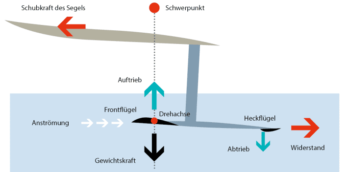 The front wing alone provides all the lift that supports the weight of the board, rig and rider. The imaginary "axis of rotation" is also located almost exactly in the front wing - like a seesaw on the playground. The thrust of the sail wants to tilt the board forwards around the axis of rotation. To prevent this, the back wing is positioned in such a way that it constantly pulls downwards and thus keeps the "seesaw" in balance.