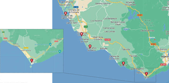 1. Tarifa; 2. Bolonia; 3. Canos de Meca; 4. Conil; 5. Sancti Petri