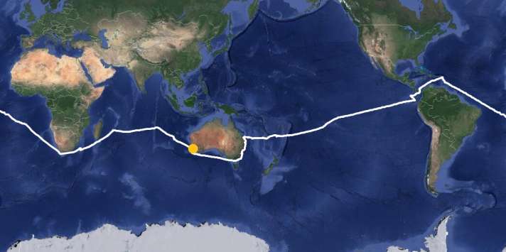   Die Route: Von Fremantle an der australischen Westküste aus segelte Sanders westwärts via den Panamakanal um die Welt 
