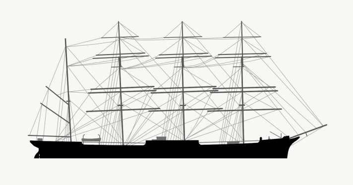 Seitenriss der “Peking”: Die Frachtluken befanden sich zwischen den erhöhten Decks.
