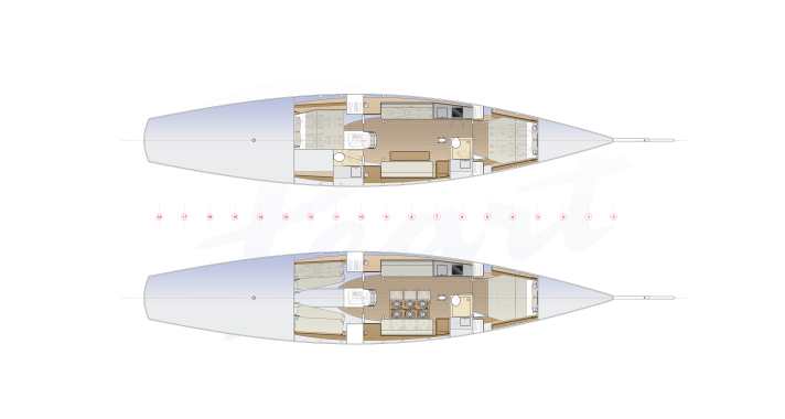 Two layouts: 1. sleeping for four with master cabin with en-suite bathroom in the bow and a double/twin cabin aft with day toilet. 2. eight people sleep on board with cane berths in the aft cabins.