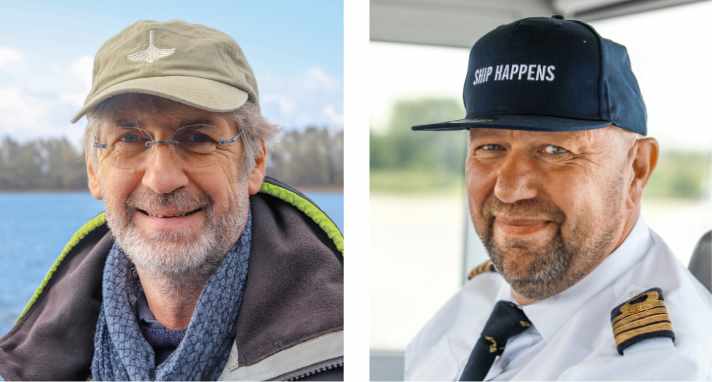   Helge von der Linden (l.) ist Vorsitzender des Yachtclub Wesel und einer der Rheinwoche-Organisatoren, Edwin Bosma ist Kapitän des Regattabegleitschiffs. Er sorgt für gute Stimmung auf dem Wasser und an Land