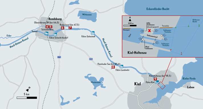 Arrivo nel Mar Baltico: il passaggio attraverso il canale risparmia alle navi una deviazione di 250 miglia nautiche intorno a Skagen. Immagini e informazioni sui waypoint numerati in rosso sono disponibili nella galleria in cima all'articolo.