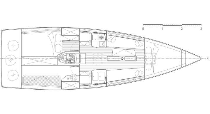   JPK 10.30. Interior with two cabins, toilet and navigation system
