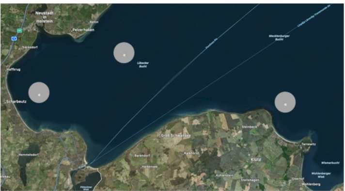 The map shows the location of the three pilot projects in the Bay of Lübeck and the Bay of Mecklenburg